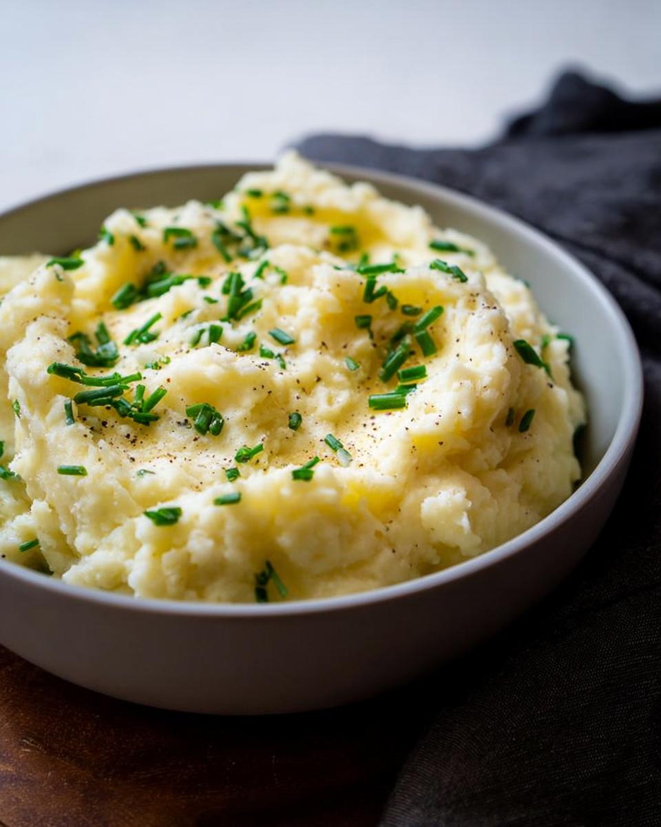 A close-up of fluffy mashed potatoes topped with fresh chives and black pepper in a bowl.
