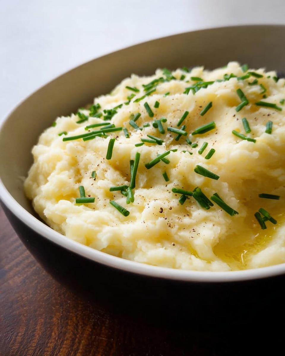 A bowl of fluffy mashed potatoes topped with fresh chives and a drizzle of melted butter.