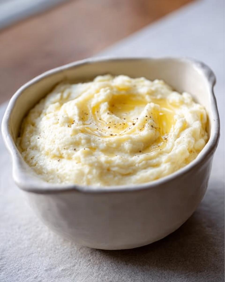 A close-up of a white bowl filled with creamy mashed potatoes, topped with melted butter and black pepper.