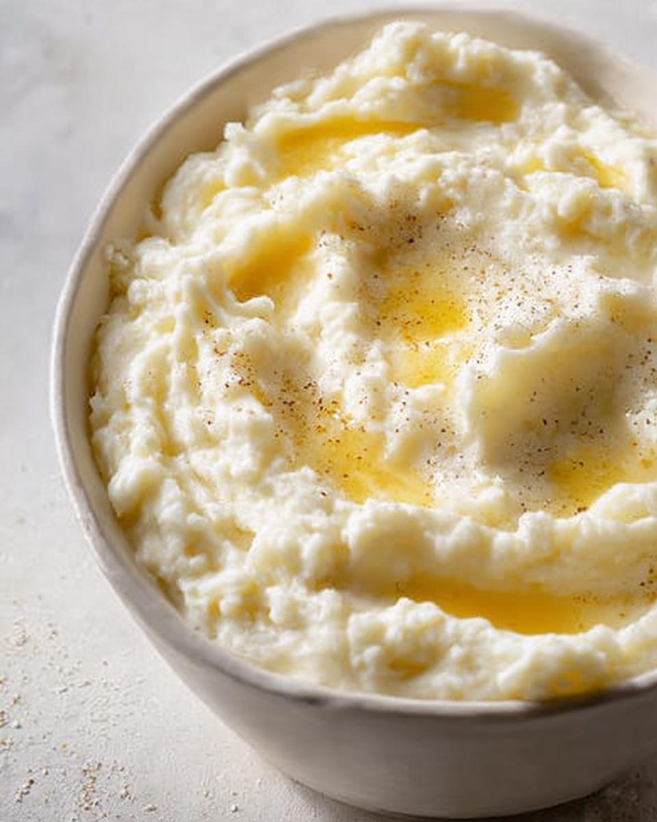 A close-up of creamy mashed potatoes in a bowl, topped with melted butter and pepper, perfect for mashed potatoes recipes meal prep.