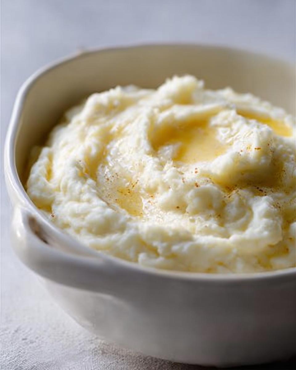 A close-up of a bowl of creamy mashed potatoes with melted butter on top, perfect for meal prep.