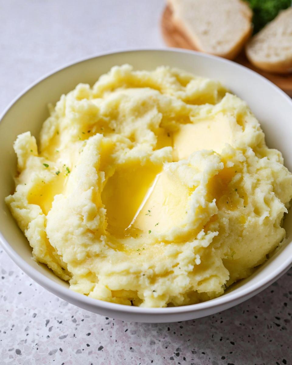 Close-up of a bowl of creamy mashed potatoes with melting butter and a sprinkle of herbs. A quick and easy mashed potatoes recipe.