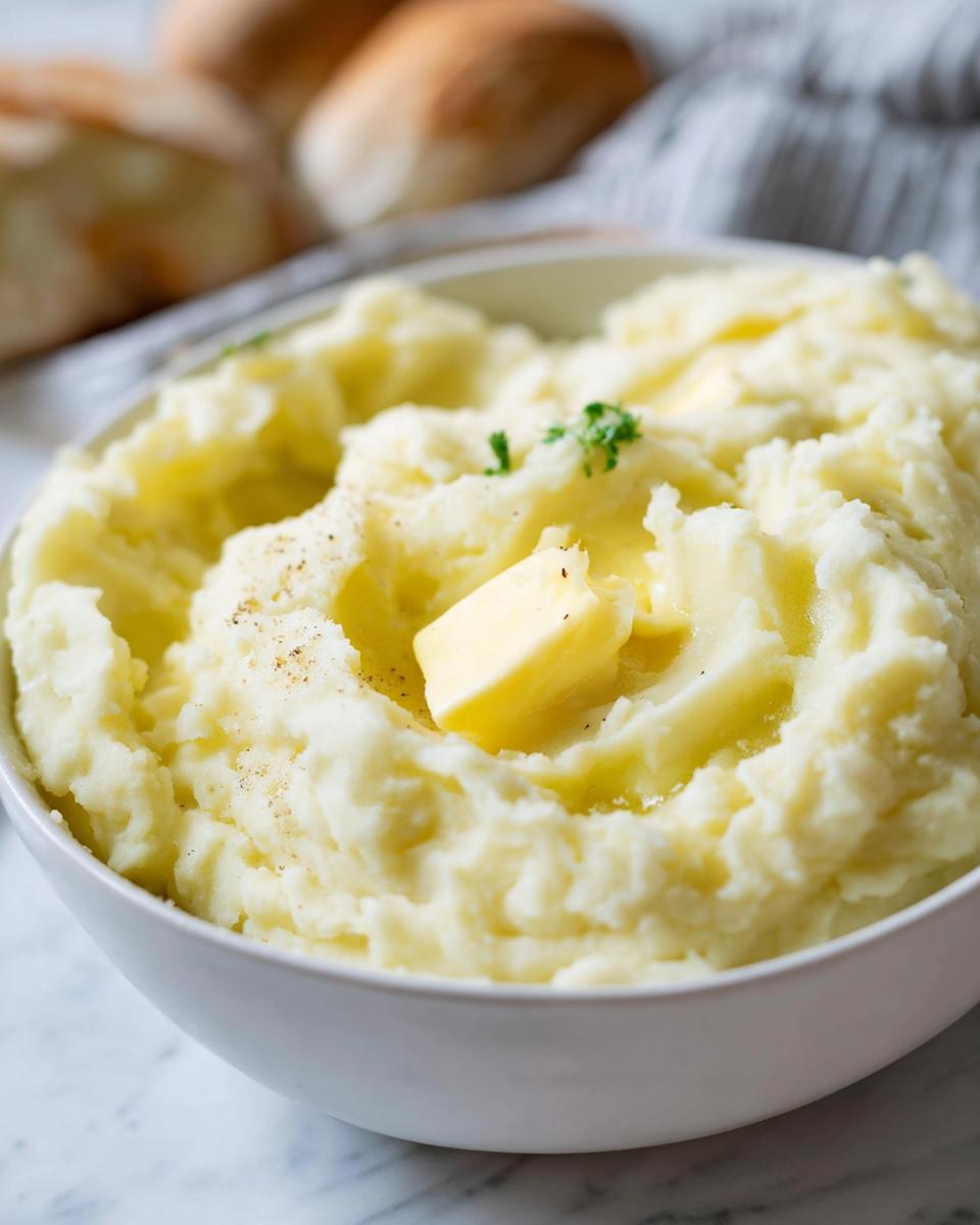 A close-up of a bowl of fluffy mashed potatoes topped with a pat of melting butter and a sprig of parsley. This is a quick mashed potatoes recipe.