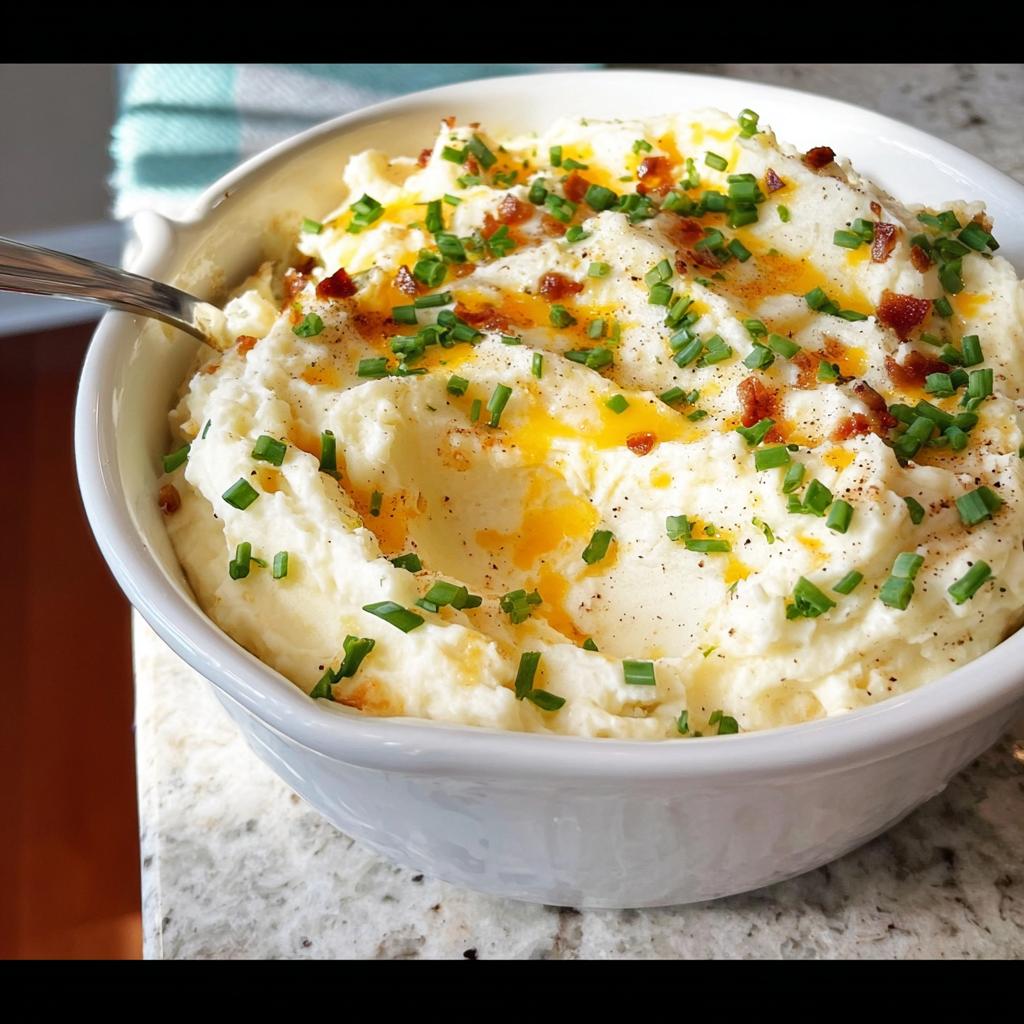 A close-up of a white bowl filled with creamy mashed potatoes, topped with melted butter, bacon bits, and fresh chives.