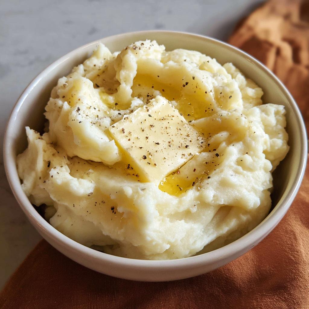 A close-up of creamy mashed potatoes topped with a pat of butter and black pepper, part of The Only Mashed Potatoes Recipes Recipe You’ll Need.