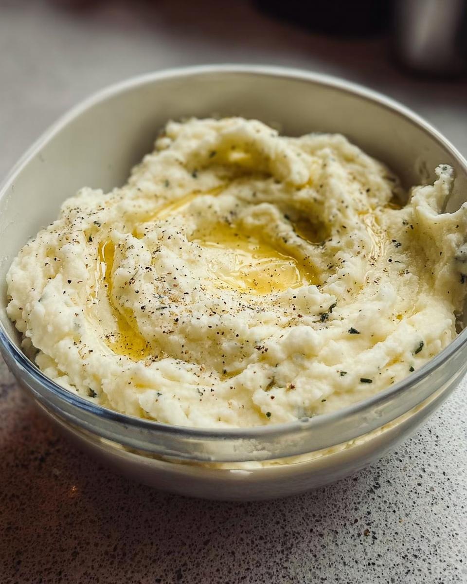 Close-up of a bowl of creamy mashed potatoes, topped with melted butter and black pepper.