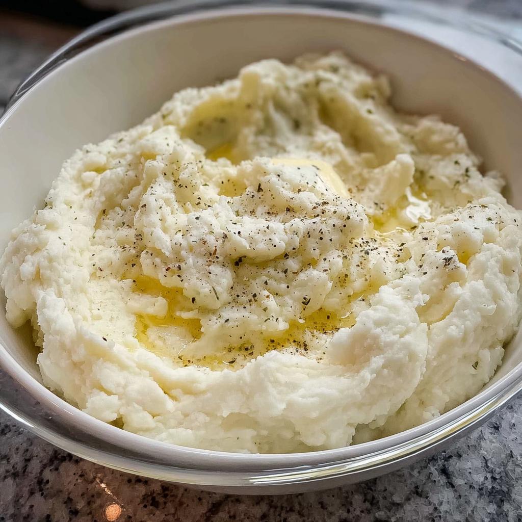 Close-up of a bowl of fluffy mashed potatoes recipe, topped with melted butter and herbs.