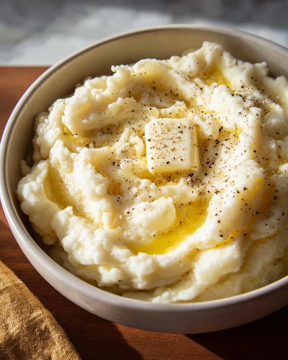 A bowl of creamy mashed potatoes topped with a pat of butter and cracked black pepper, part of The Only Mashed Potatoes Recipes Recipe You’ll Need.