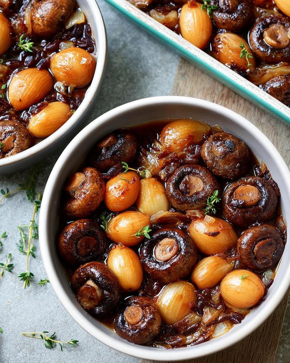 Close-up of a veggie sides recipe featuring glazed mushrooms and pearl onions in a rich sauce.