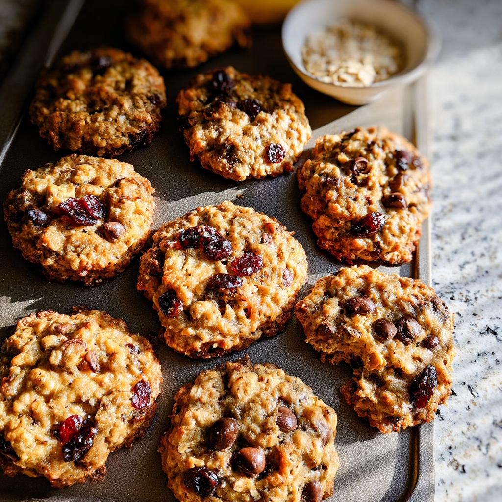 Close-up of freshly baked oatmeal cranberry cookies with chocolate chips, perfect for breakfast ideas recipes in 20 minutes.