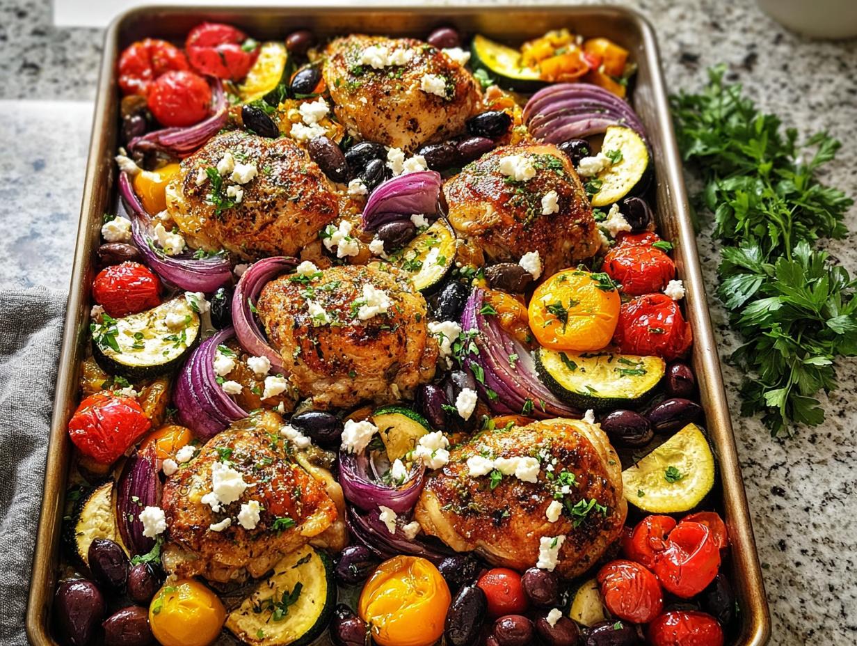A vibrant one-pan meal prep featuring juicy chicken thighs, roasted tomatoes, zucchini, red onion, olives, and feta cheese.