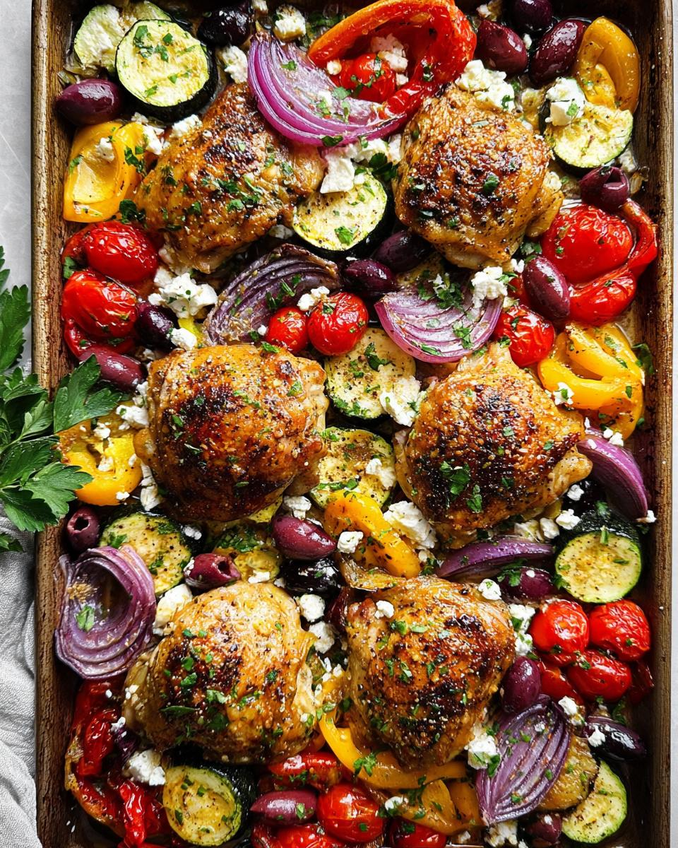 Overhead view of a one-pan meal with roasted chicken thighs, zucchini, bell peppers, red onion, tomatoes, olives, and feta cheese.