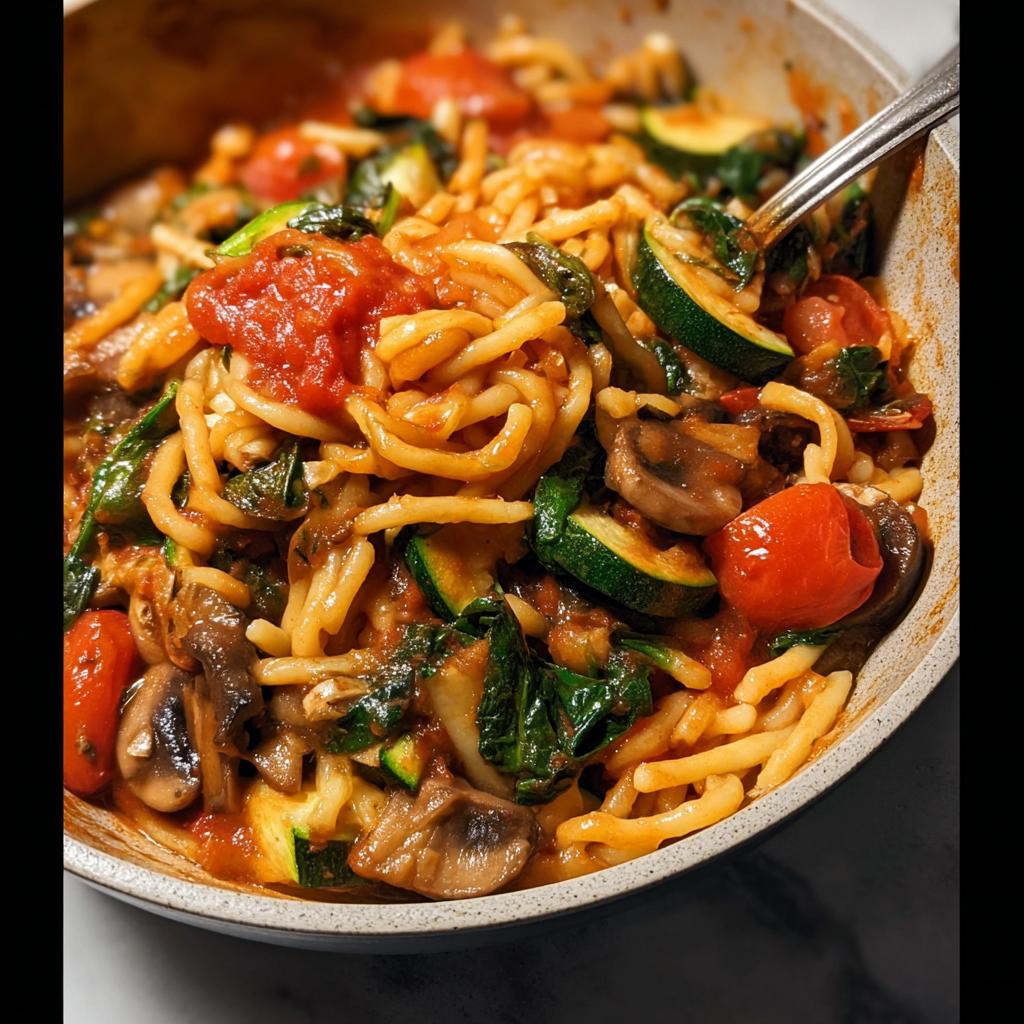 Close-up of a one-pot pasta dish with zucchini, mushrooms, tomatoes, and spinach, perfect for easy dinner recipes.