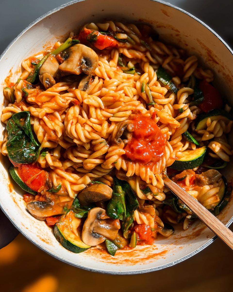 A close-up of a one-pot pasta dish with fusilli, mushrooms, zucchini, spinach, and tomato sauce, perfect for easy dinner recipes.