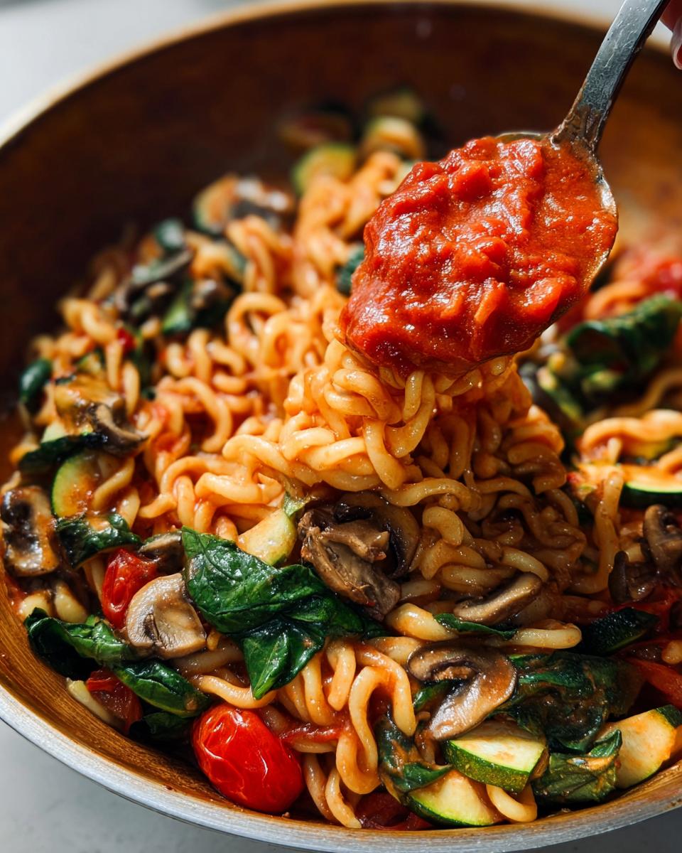 A close-up of a spoon scooping up a portion of one pot pasta with vegetables, featuring noodles, zucchini, mushrooms, spinach, and tomatoes in a tomato sauce.