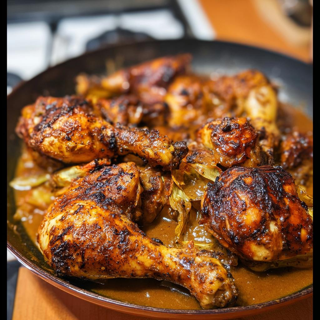 Close-up of pan-fried chicken recipes in a rich sauce with onions.