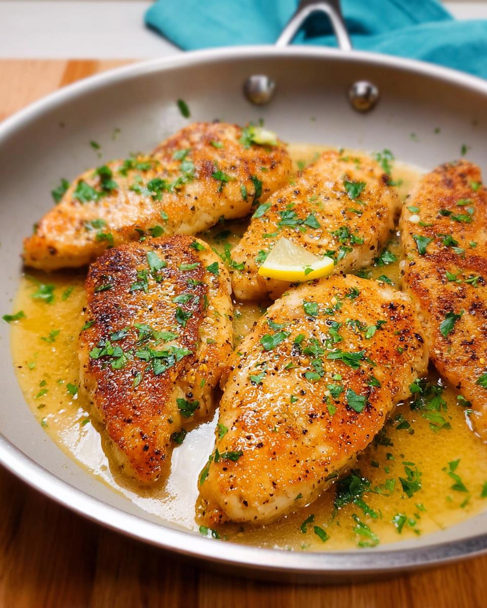 Close-up of pan-seared chicken breasts in a lemon-butter sauce, garnished with parsley. Part of 7 Genius Healthy Meals Recipes Ideas for Busy Weeknights.