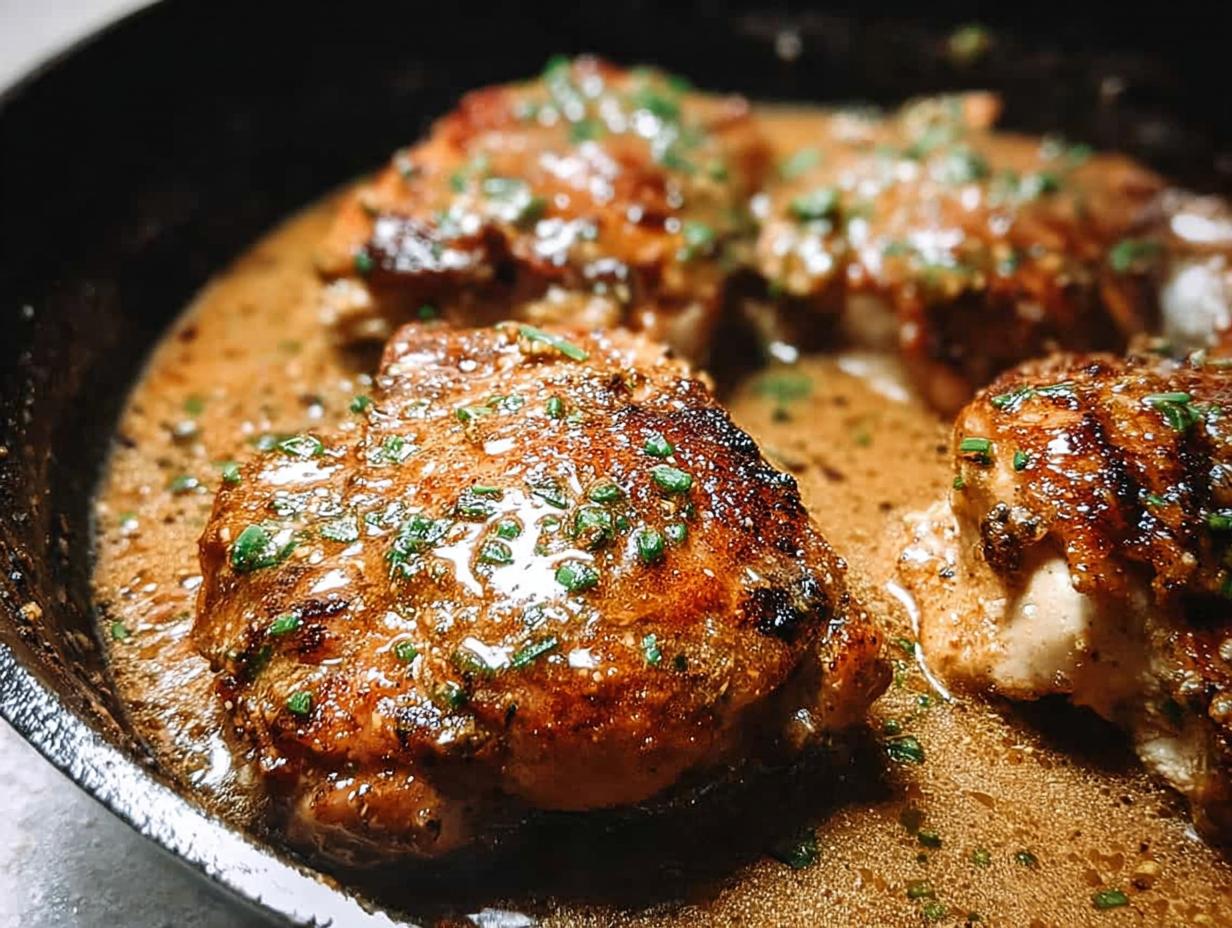 Close-up of juicy pan-seared chicken thighs in a rich sauce, garnished with fresh herbs. A perfect beginner chicken thigh recipe.
