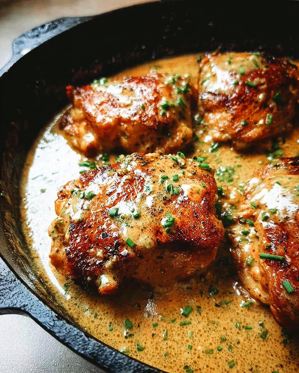 Close-up of pan-seared chicken thighs in a creamy sauce, garnished with chives. A perfect chicken thigh recipe.