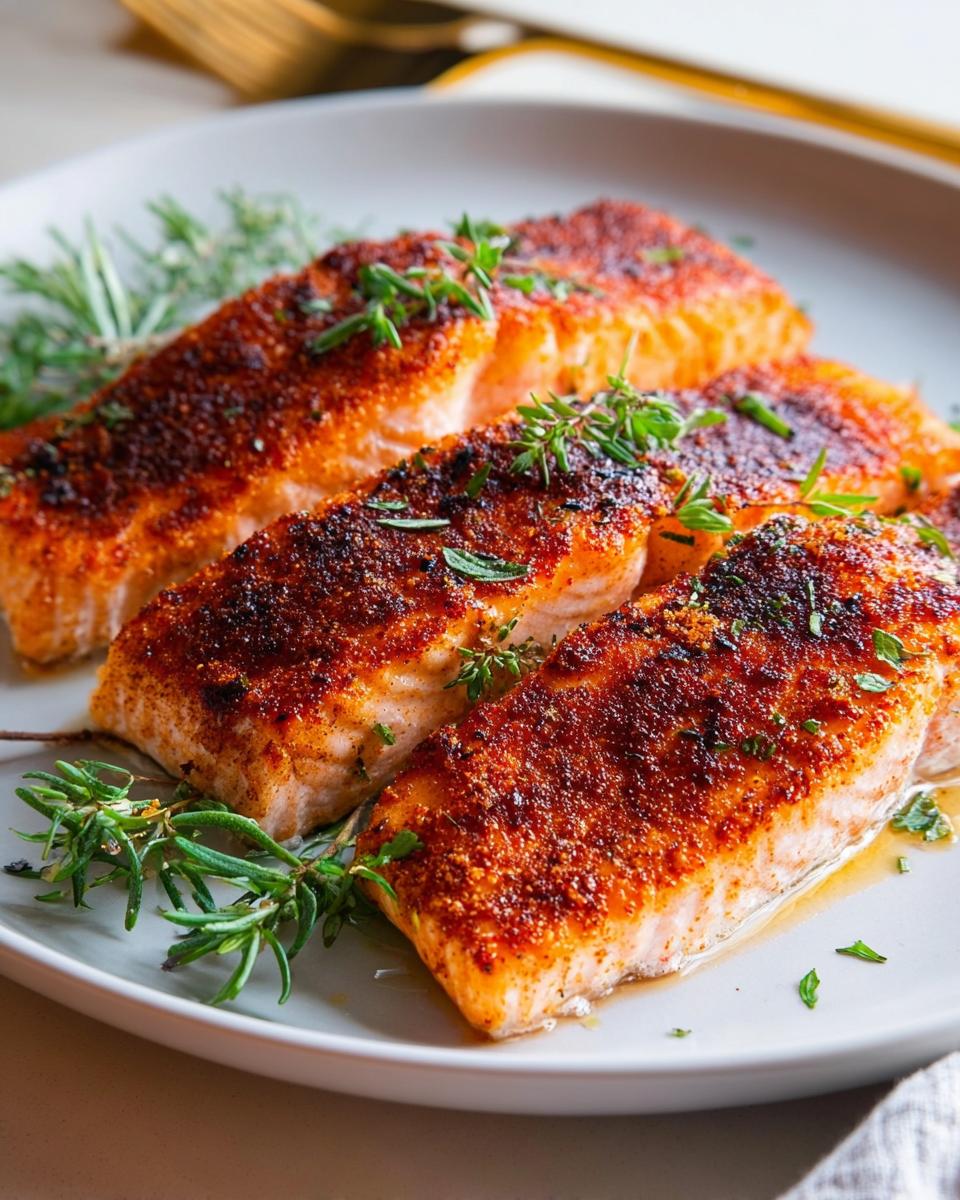 Three perfectly pan-seared salmon fillets seasoned with spices and herbs, presented on a plate.