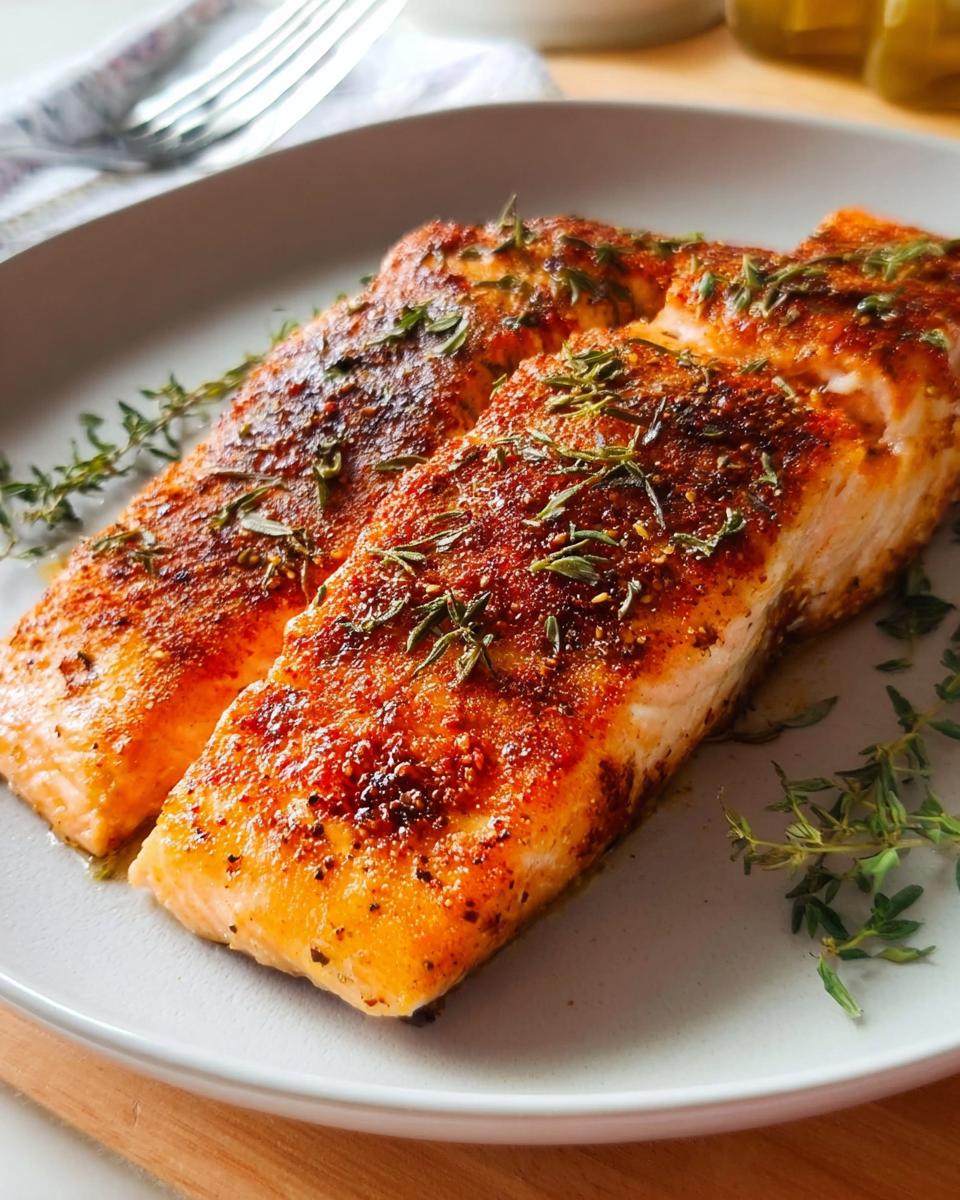 Two perfectly cooked salmon fillets, seasoned and garnished with fresh thyme, ready to be served.