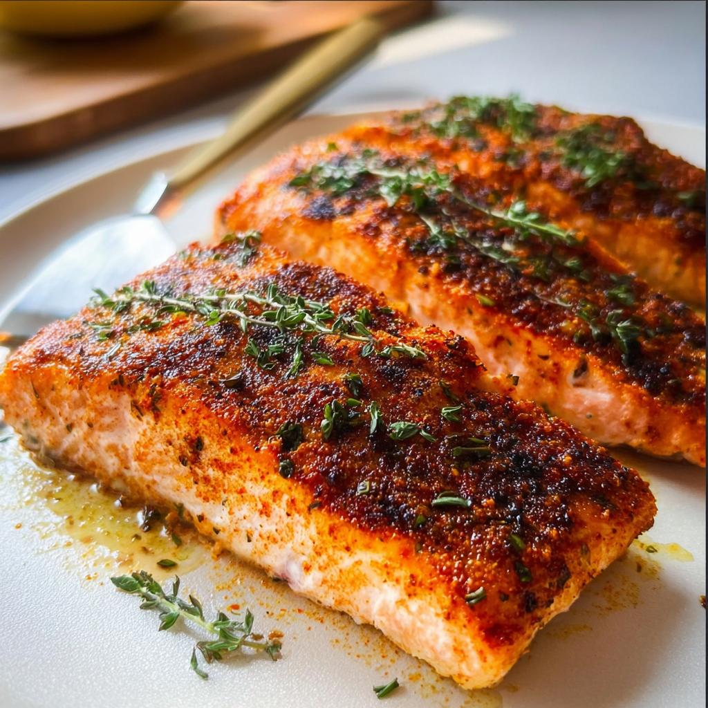 Two perfectly cooked salmon fillets, seasoned and garnished with fresh herbs, ready to be served.