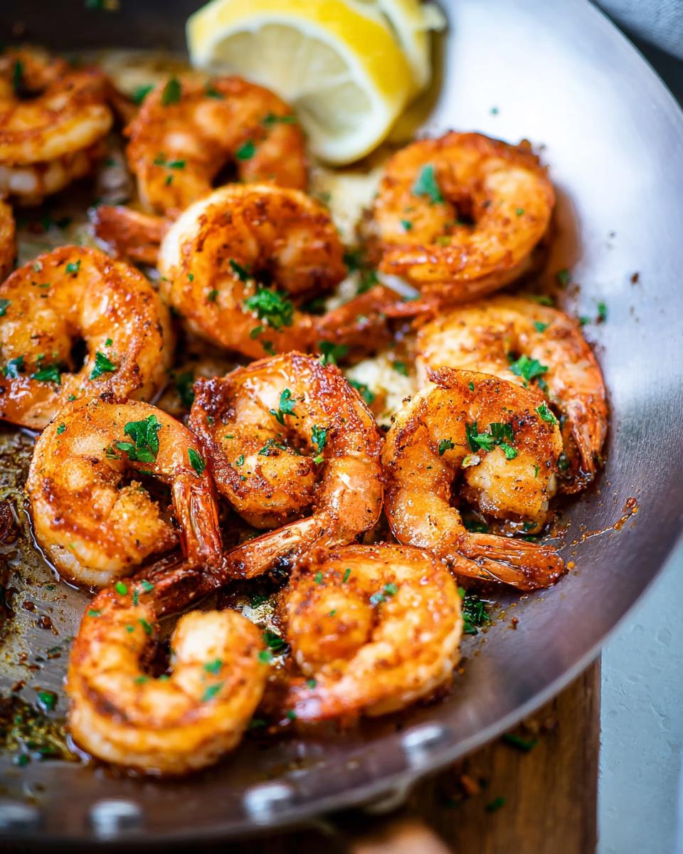 Close-up of perfectly pan-seared shrimp with spices and lemon, a great beginner shrimp recipe.