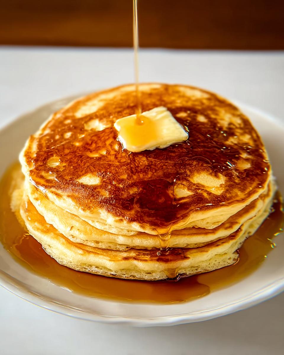 A stack of fluffy pancakes topped with a pat of butter and drizzled with syrup, perfect for breakfast ideas.