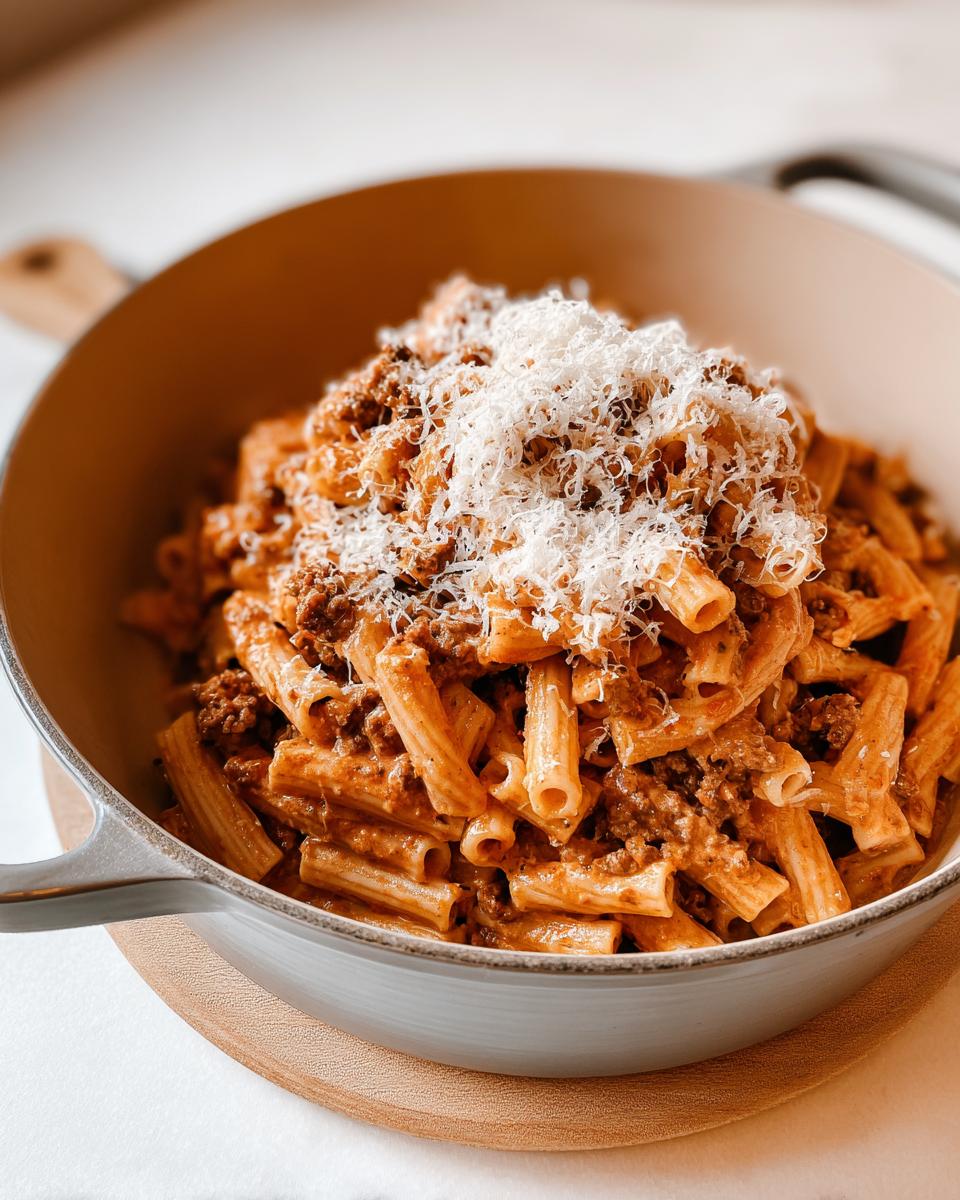 A close-up of rigatoni pasta with a rich meat sauce, topped with grated Parmesan cheese, perfect for busy weeknights.
