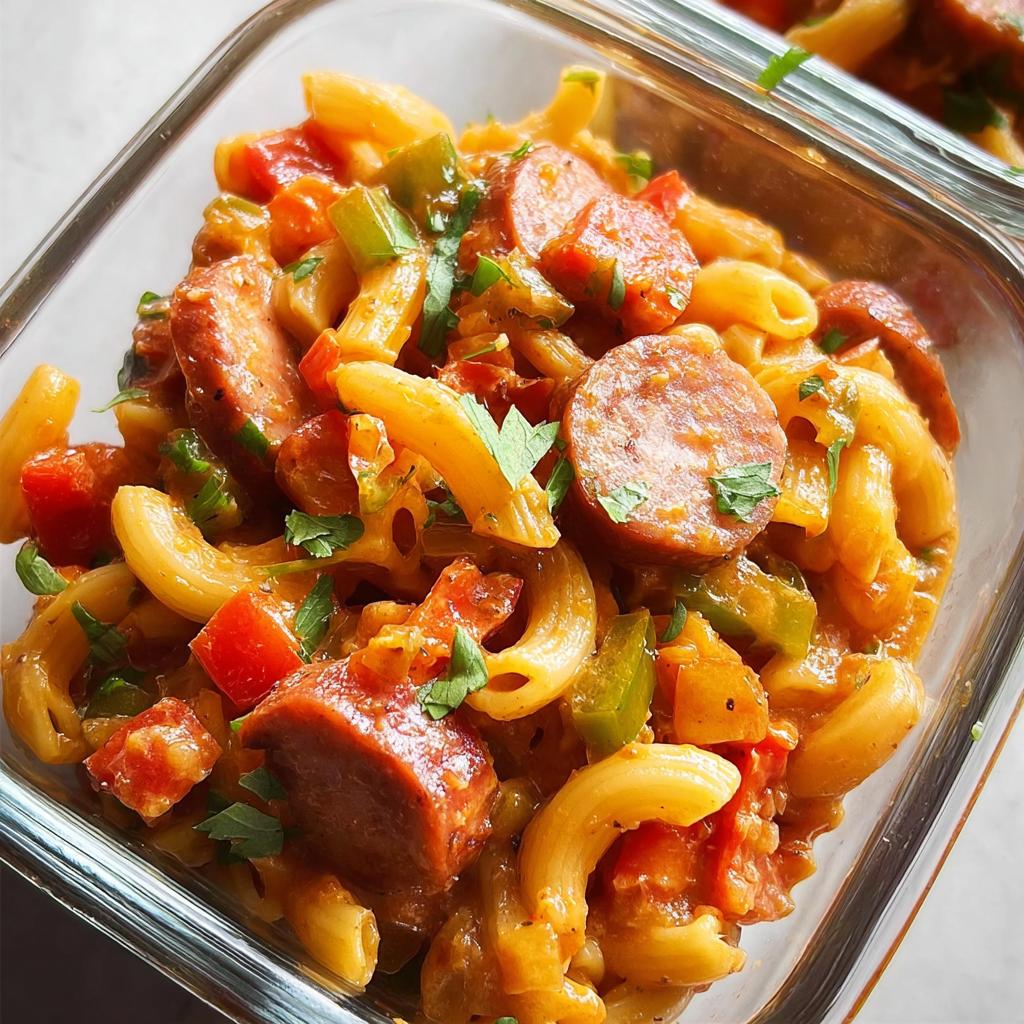 Close-up of a glass meal prep container filled with pasta, sliced sausage, bell peppers, and tomatoes, a perfect pasta recipes meal prep.