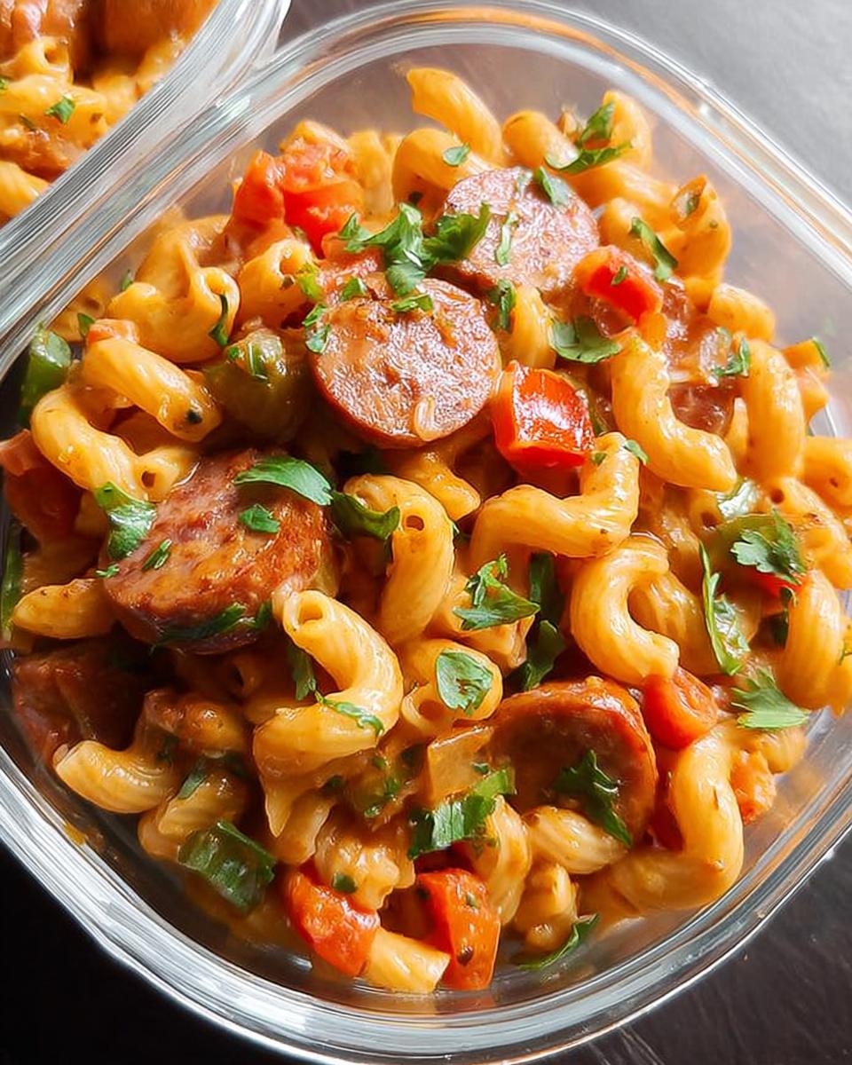 Close-up of a glass meal prep container filled with pasta, sausage slices, peppers, and tomatoes, garnished with parsley.