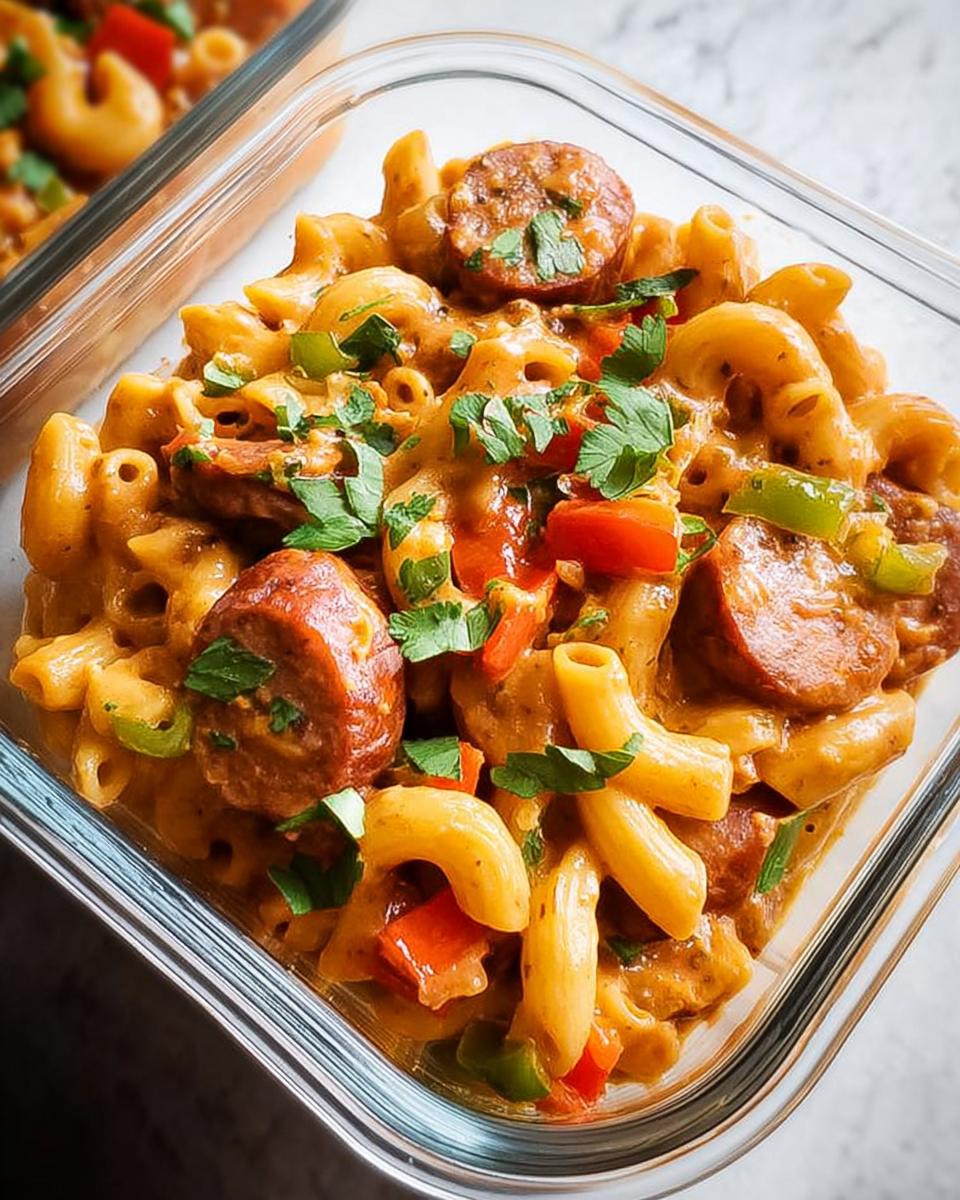 Close-up of a glass meal prep container filled with creamy pasta, sliced sausage, bell peppers, and fresh parsley.