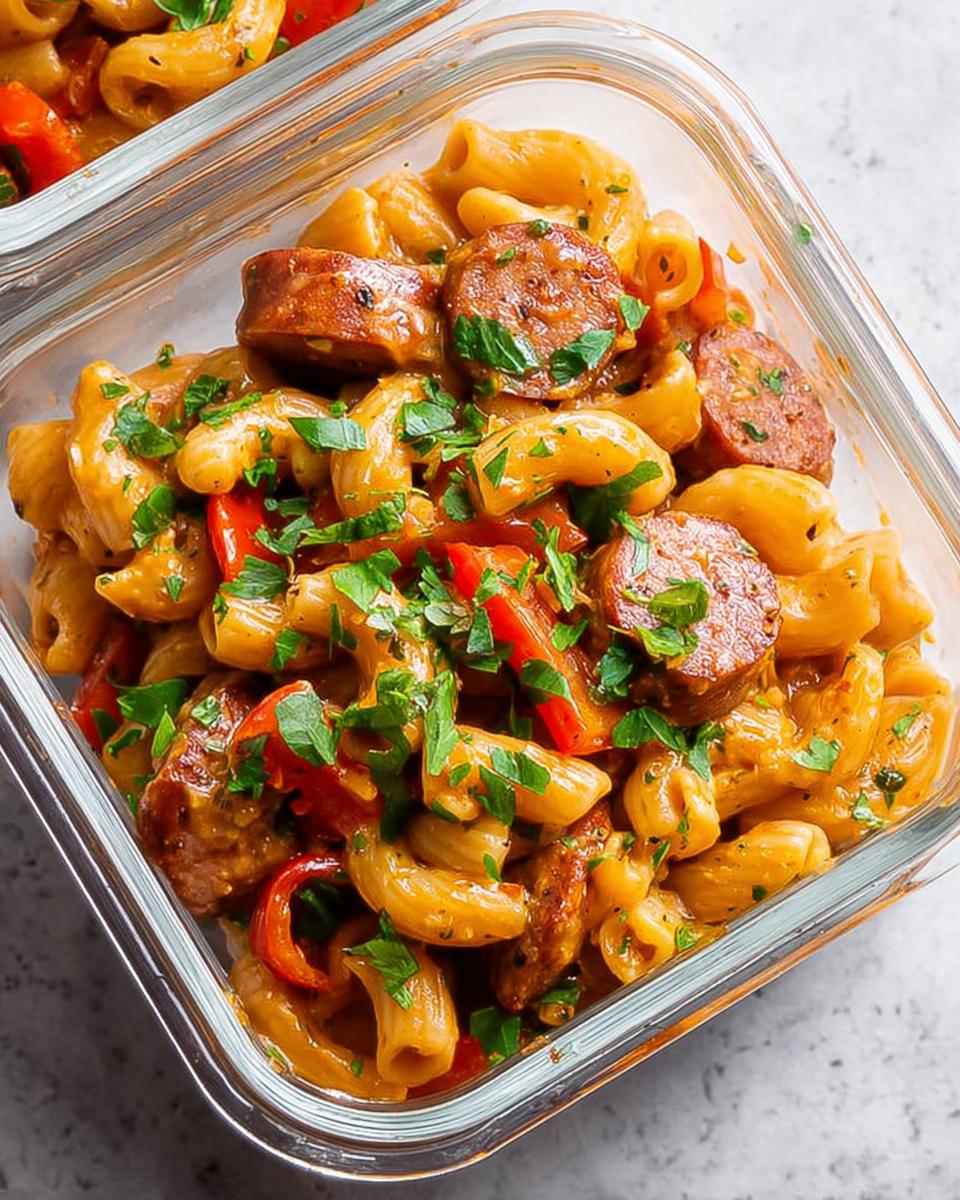 Close-up of a glass meal prep container filled with pasta, sliced sausage, red peppers, and parsley.