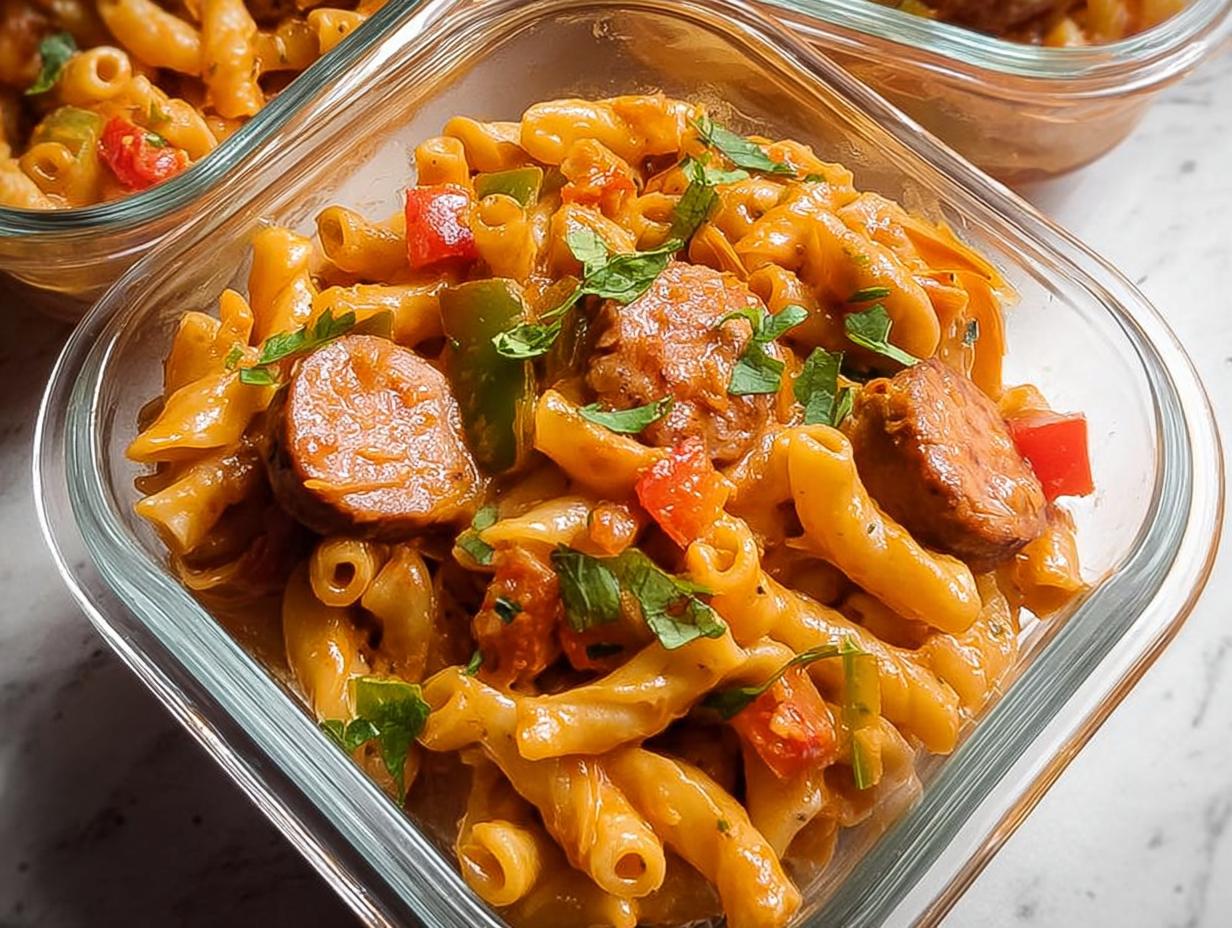 Close-up of a glass meal prep container filled with pasta, sausage, bell peppers, and herbs. Perfect for pasta recipes meal prep.
