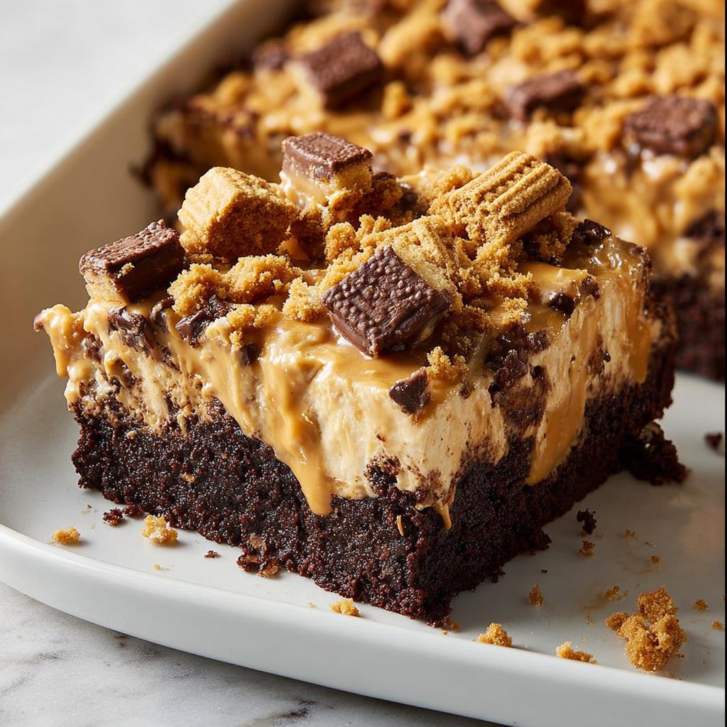 A rich chocolate brownie topped with creamy peanut butter frosting, cookie crumbles, and chocolate pieces. A perfect cake idea recipe.