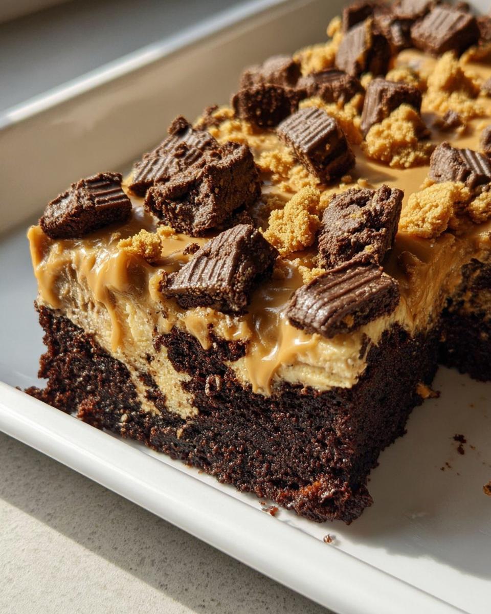 A slice of rich chocolate cake with peanut butter frosting and chocolate chunks, perfect for cake ideas recipes.