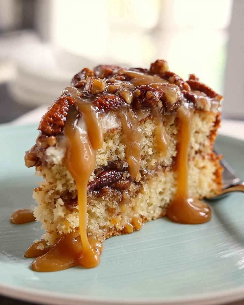 A slice of pecan caramel cake with rich caramel sauce dripping down the sides.