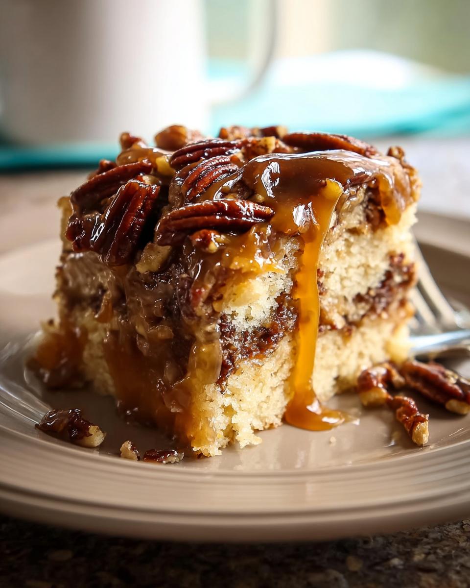 A slice of decadent pecan caramel cake, drizzled with caramel sauce and topped with pecans, perfect for weeknight baking.