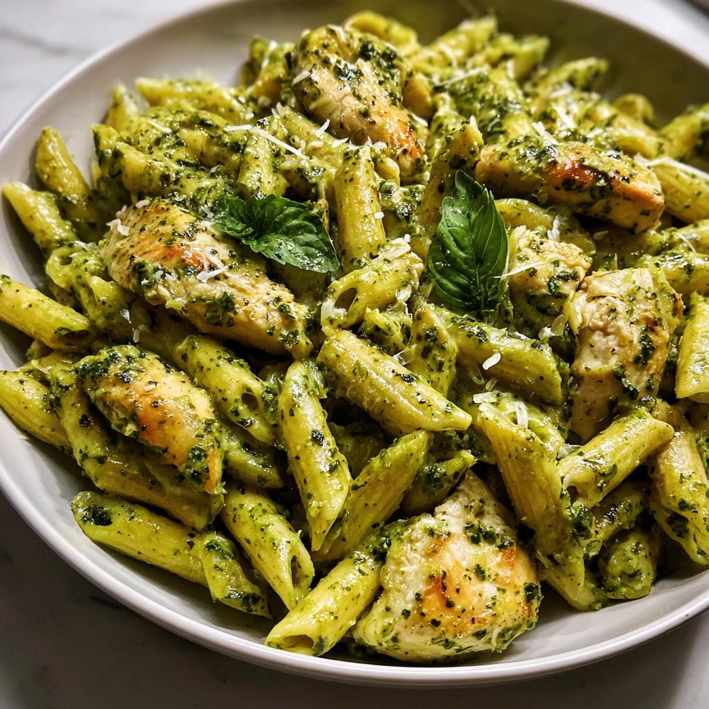 A close-up of penne pasta tossed with vibrant green pesto sauce and tender pieces of grilled chicken, a perfect chicken recipe.