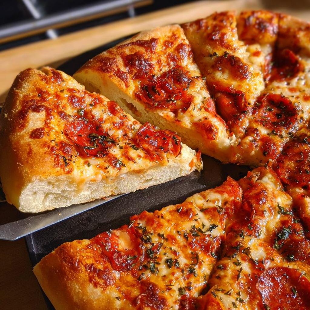 A close-up of a freshly baked pepperoni pizza, with a slice being lifted, showcasing melted cheese and crispy pepperoni.