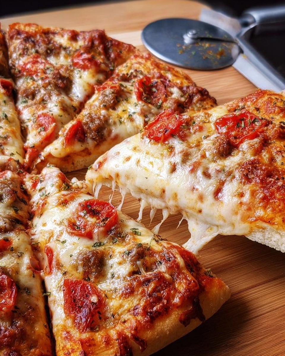 A slice of pepperoni pizza being lifted, showing gooey melted cheese strings, part of a pizza night recipe.