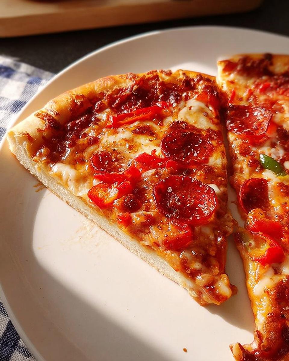 Close-up of two slices of pepperoni pizza, featuring melted cheese, red peppers, and pepperoni, perfect for Pizza Night Recipes.