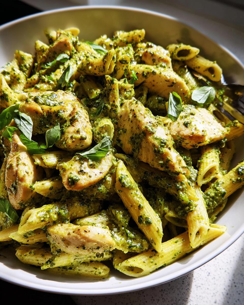 A bowl of penne pasta with chicken pieces coated in vibrant green pesto sauce, garnished with fresh basil leaves.