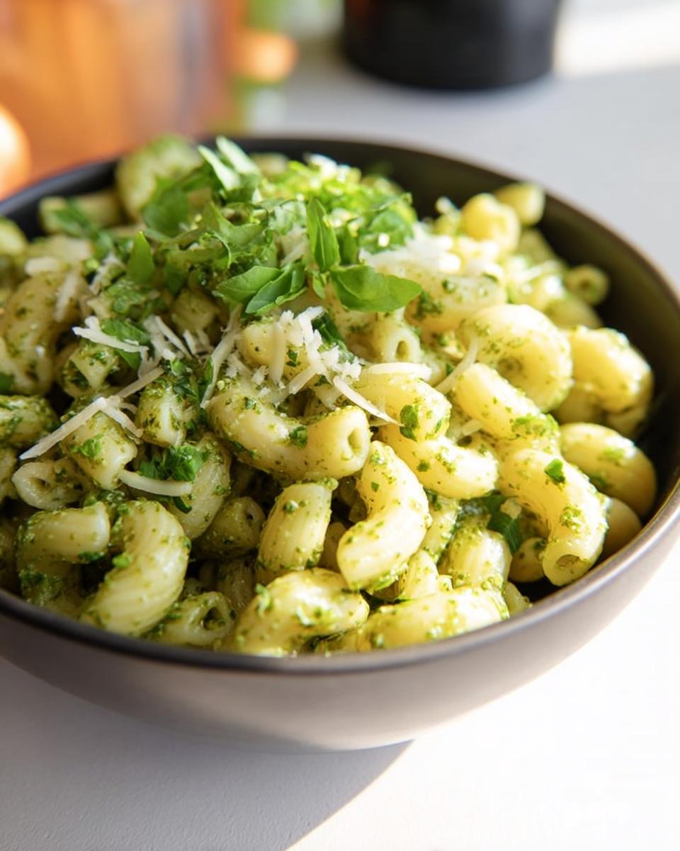 A close-up of a black bowl filled with delicious pesto pasta, garnished with fresh basil and grated Parmesan cheese.