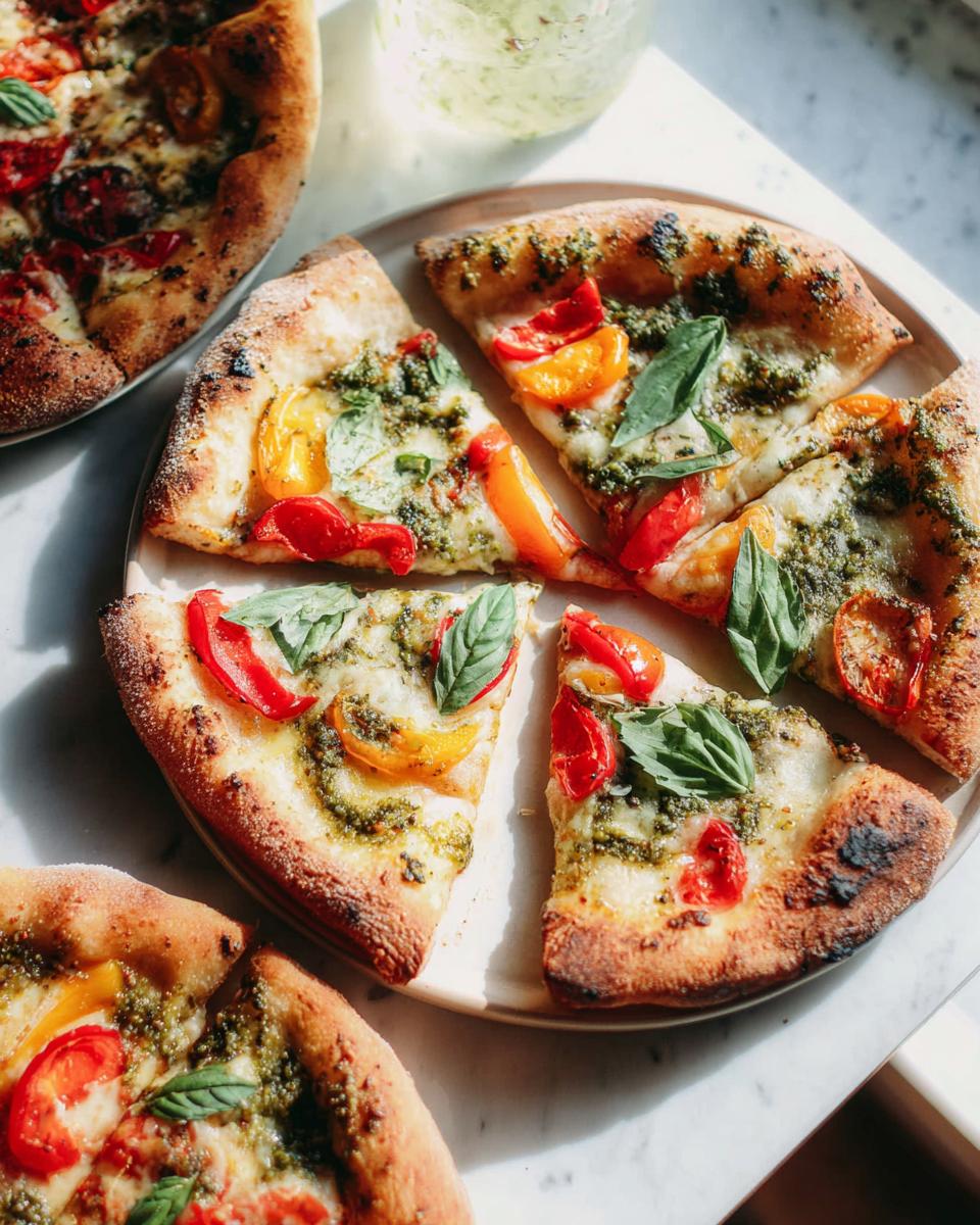 Close-up of slices of pesto pizza with fresh tomatoes and basil, showcasing a perfect crust.