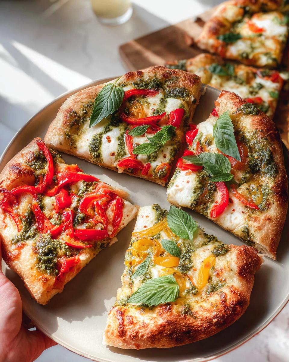 Four slices of homemade pesto pizza with red and yellow peppers, mozzarella, and fresh basil, perfect for pizza night recipes.