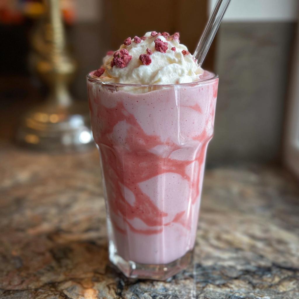 A refreshing pink strawberry smoothie with whipped cream and dried berries, a Starbucks copycat recipe.