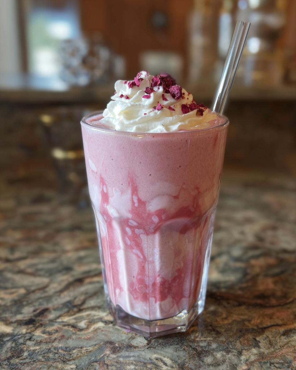 A refreshing pink drink with whipped cream and dried rose petals, a Starbucks copycat recipe.