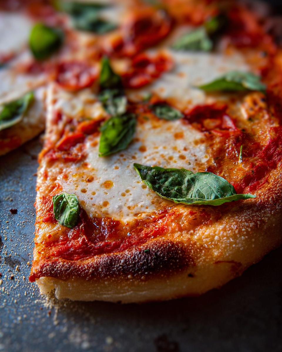 A close-up of a slice of margherita pizza, showcasing melted cheese, tomato sauce, and fresh basil leaves.