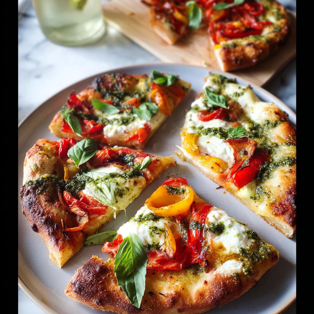 Slices of fresh pizza topped with tomatoes, bell peppers, mozzarella, and pesto, perfect for pizza night recipes.
